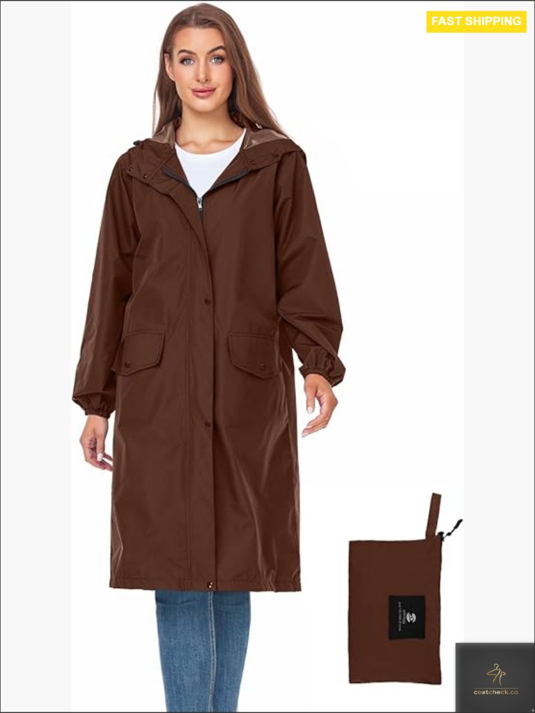 Women's Long Rain Jacket Waterproof Lightweight Hooded Packable Knee Length